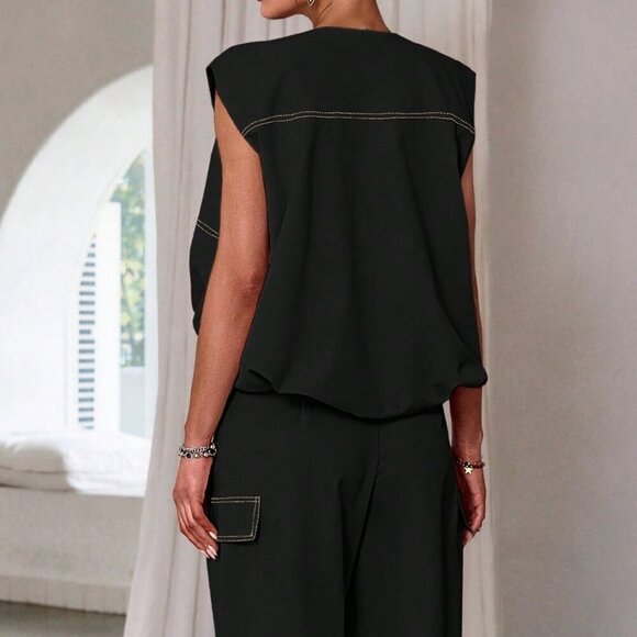 Black Casual Women's Zipper Sleeveless Top &  Long Pants coord set - Picture 8 of 8